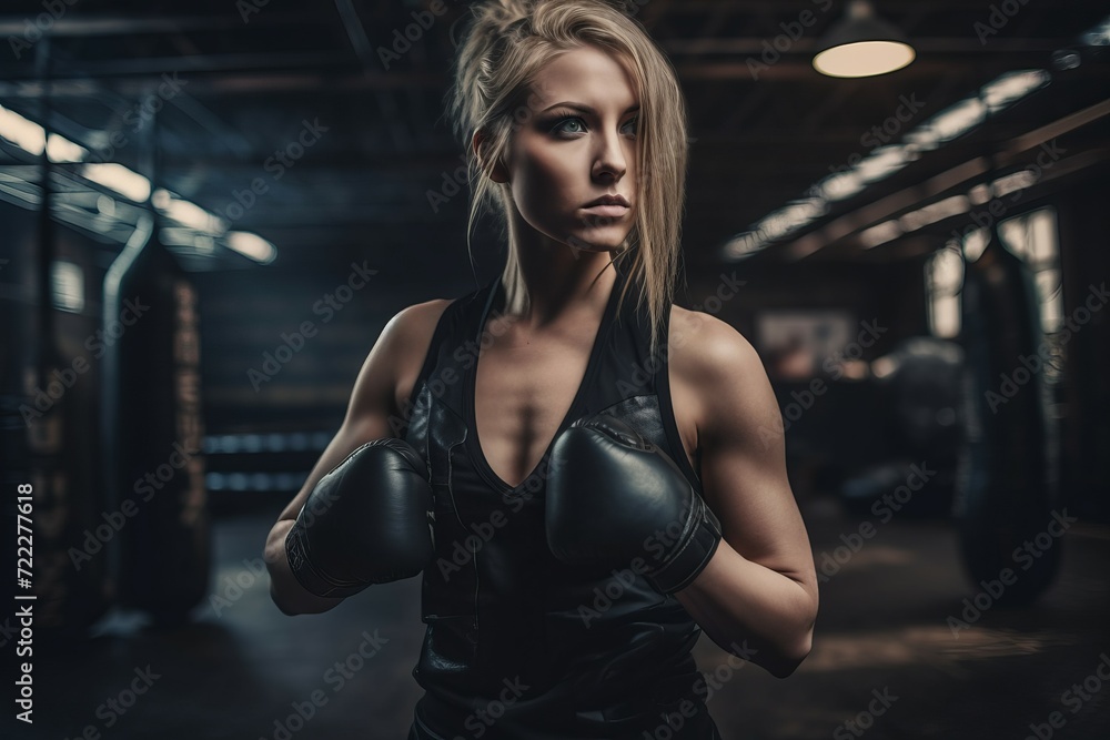 Beautiful blonde fighter with gloves. Boxing workout female in training gym. Generate ai