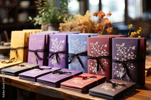 Assorted journals with golden botanical prints and black ribbon ties displayed on a table