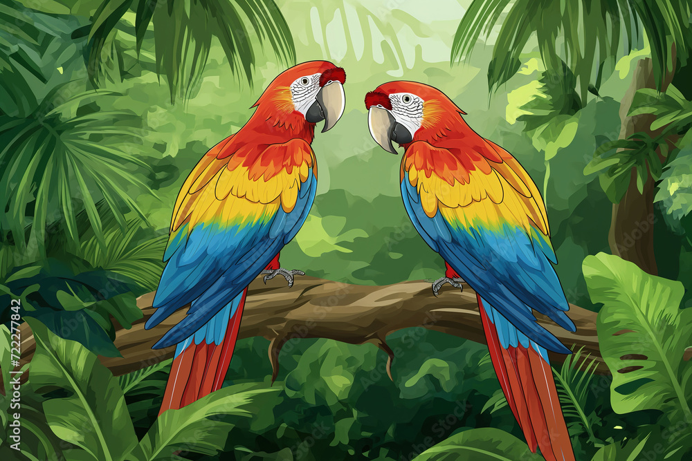 Illustration of a tropical two colorful parrots macaw