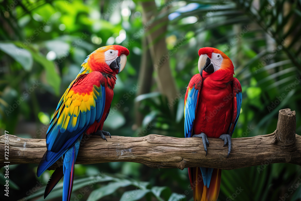 A tropical two colorful parrots macaw