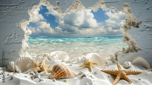 Hole In White Wall, Ideal Beach View with sunny skies and crystal clear water through Hole, vignette to white, Sand, Seashells.