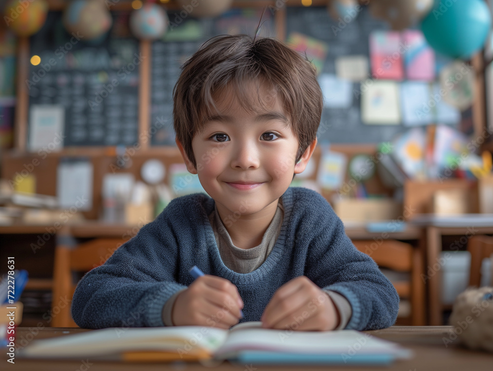 Portrait photography, natural light, wide angle , Asian young boy bends down to write in notebook in classroom, smile, Elementary school classroom. Portrait photography, natural light, wide angle , Asian young boy bends down to write in notebook in classroom, smile, Elementary school classroom.
