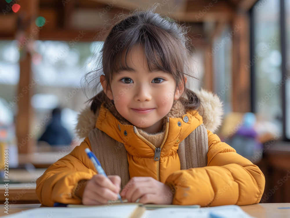 Portrait photography, natural light, wide angle , Asian young boy bends down to write in notebook in classroom, smile, Elementary school classroom. Portrait photography, natural light, wide angle , Asian young boy bends down to write in notebook in classroom, smile, Elementary school classroom.