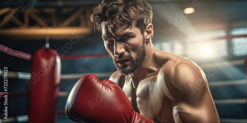 Muscular boxer training, a handsome young male fighter exercising in a gym, showing power and strength with a punch, isolated on white background