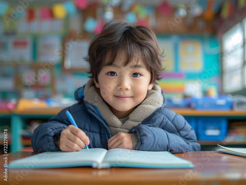 Portrait photography, natural light, wide angle , Asian young boy bends down to write in notebook in classroom, smile, Elementary school classroom.
