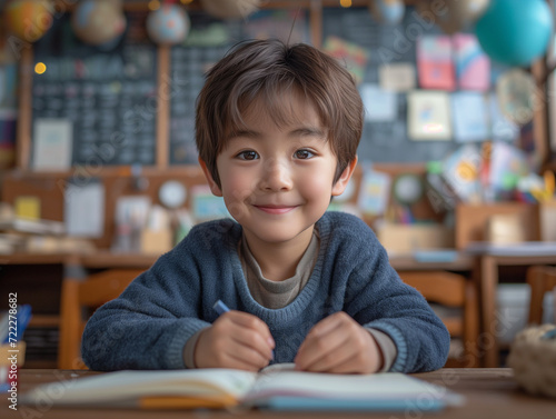 Portrait photography, natural light, wide angle , Asian young boy bends down to write in notebook in classroom, smile, Elementary school classroom.