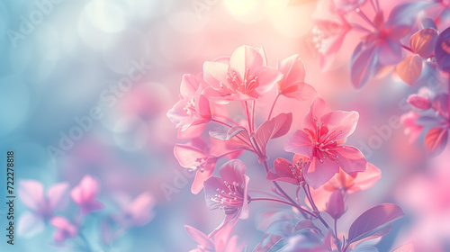 Pink and Blue Floral Background with Copy Space. Spring and Summer Flowers Bokeh Effect. © LotusBlanc