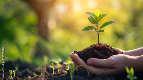 Caring Hands Planting a Green Seedling in a Soil. Gardening  Forestation and Care for World Environment.