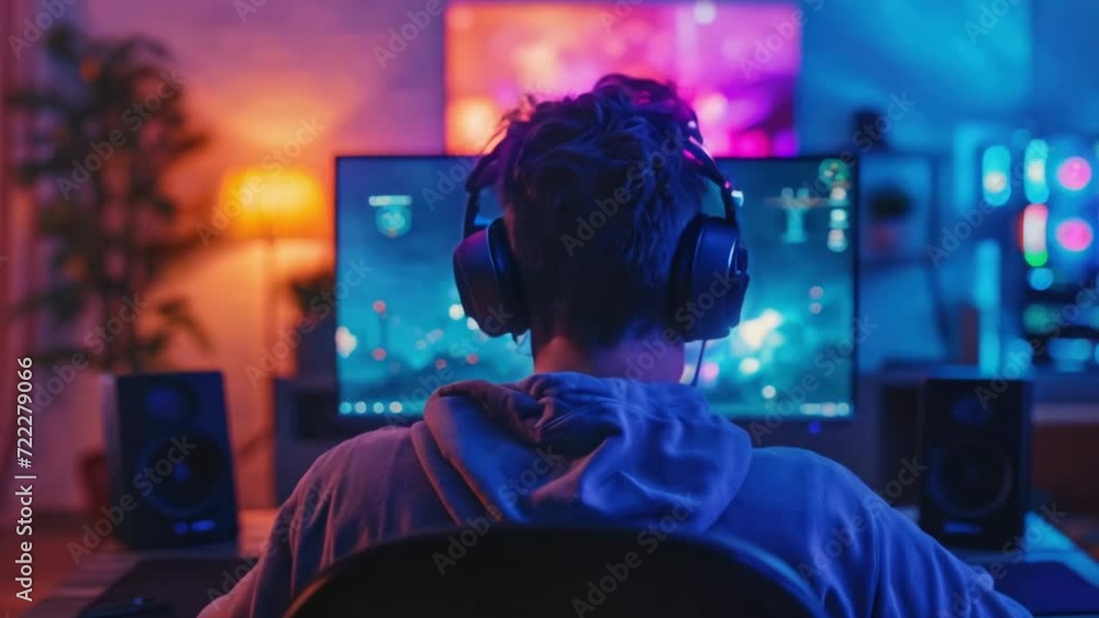 Young man wearing headphones playing computer game, winner. Male gamer looking at computer monitor. Cybersport, gaming club. Guy record live stream. Pink neon light. Cyber sport. Professional player.