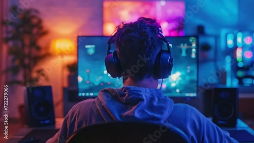 Young man wearing headphones playing computer game, winner. Male gamer looking at computer monitor. Cybersport, gaming club. Guy record live stream. Pink neon light. Cyber sport. Professional player. photo