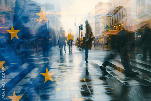 Double exposure of people rushing by and the European flag, European Union concept photo