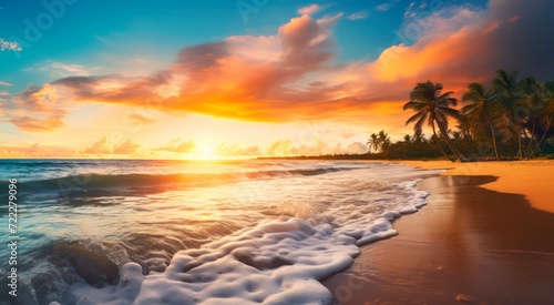 Incredible sunrise over the ocean and sand beach with palm trees.