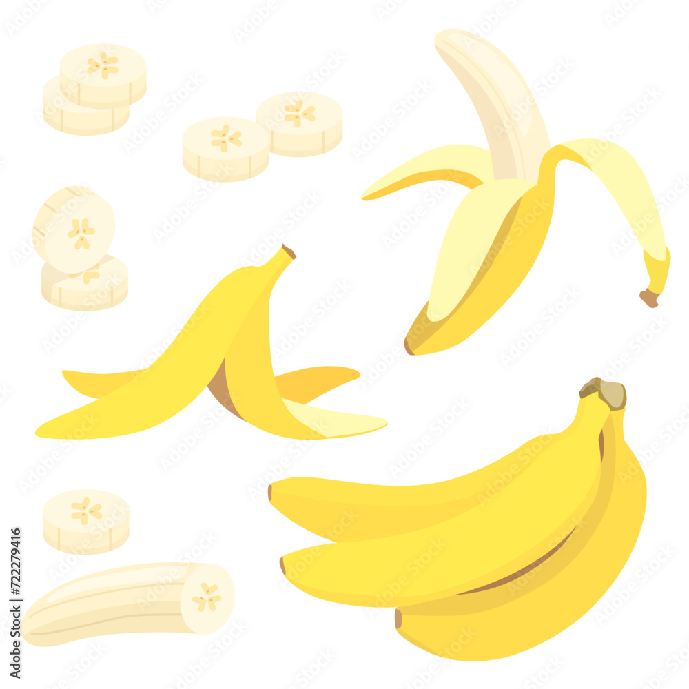 Vector bananas set, cartoon icon of banana fruit, illustration of half, peeled, bunch and slices bananas in flat style isolated on white background Vector bananas set, cartoon icon of banana fruit, illustration of half, peeled, bunch and slices bananas in flat style isolated on white background