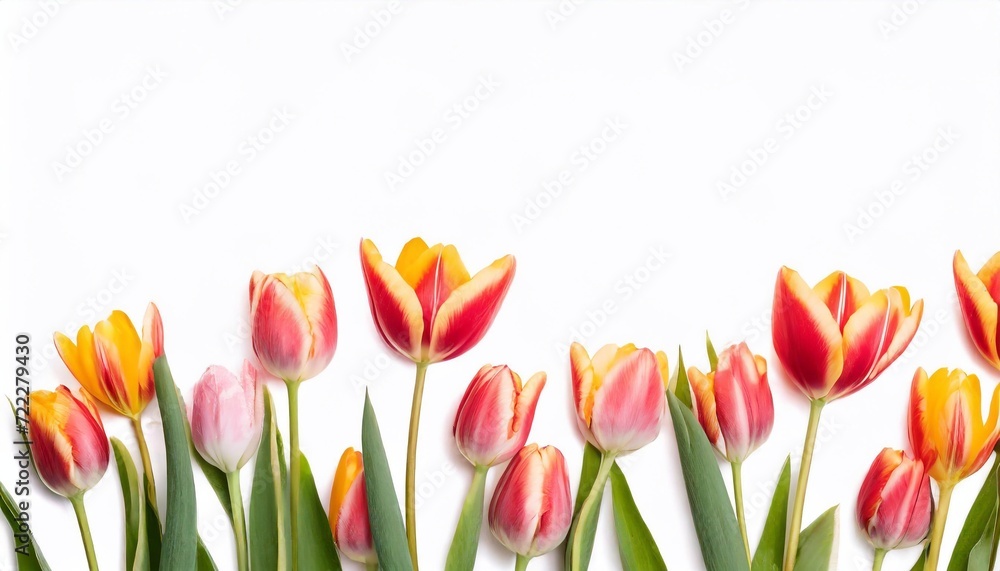 Red and yellow tulips on white background with copy space for text Red and yellow tulips on white background with copy space for text