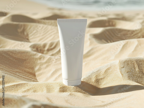 Realistic mockup of cosmetic tube standing on sand, cosmetic tube in a desert environment, cosmetic tube on beach sand. Created with Generative AI.