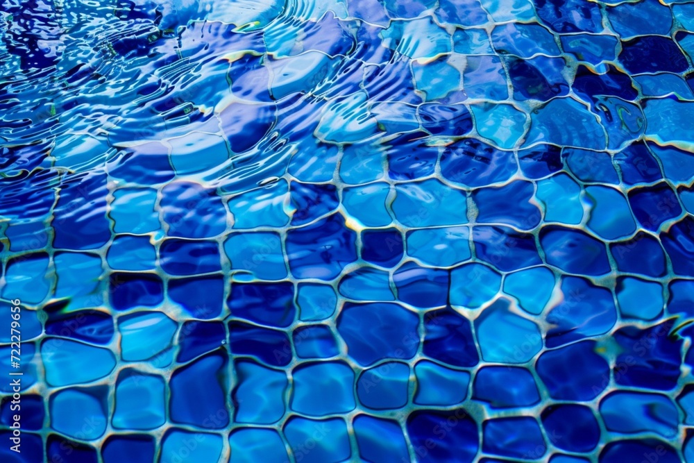 Fototapeta premium Clear water ripples over blue tiles, forming a mesmerizing abstract