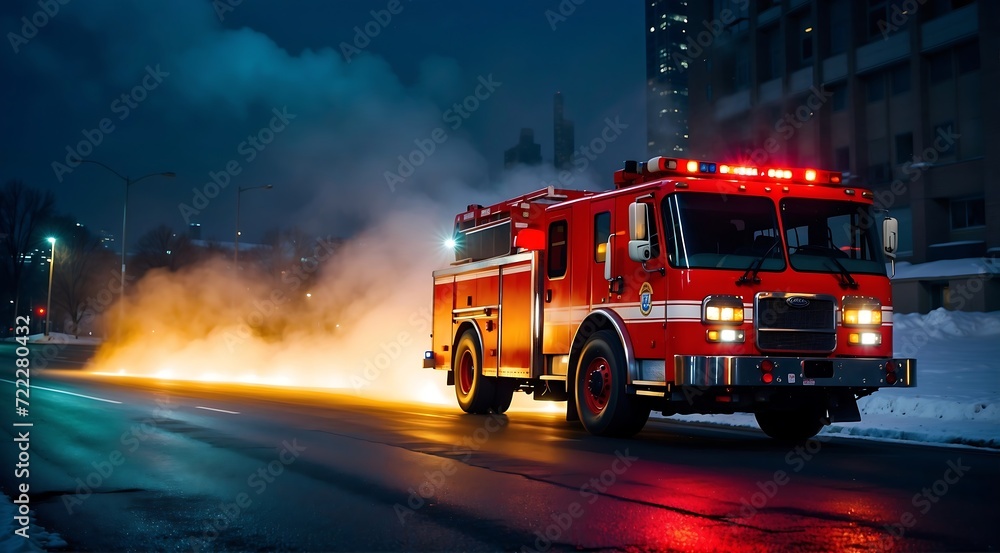 A fire engine is extinguishing a fire in front of a burning building