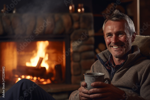 a man drinking coffee in front of fireplace in the winter