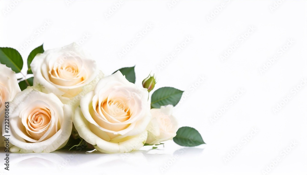 Fototapeta premium White roses on a white background with copy space for your text.