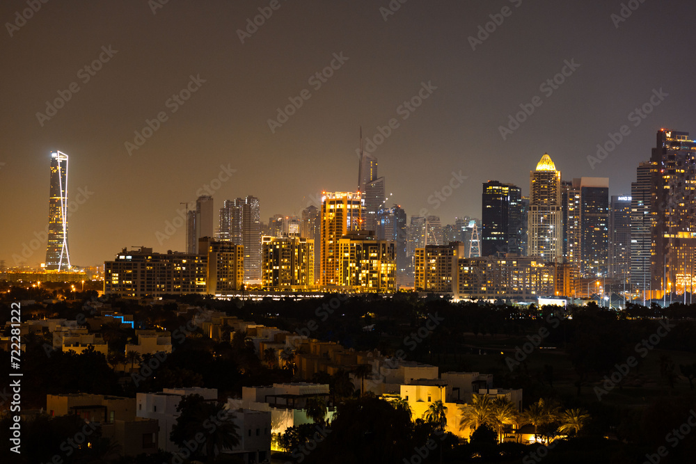 Night panorama of a downtown Dubai area.