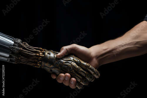 The robot shakes the man's hand, cooperation of people and machines