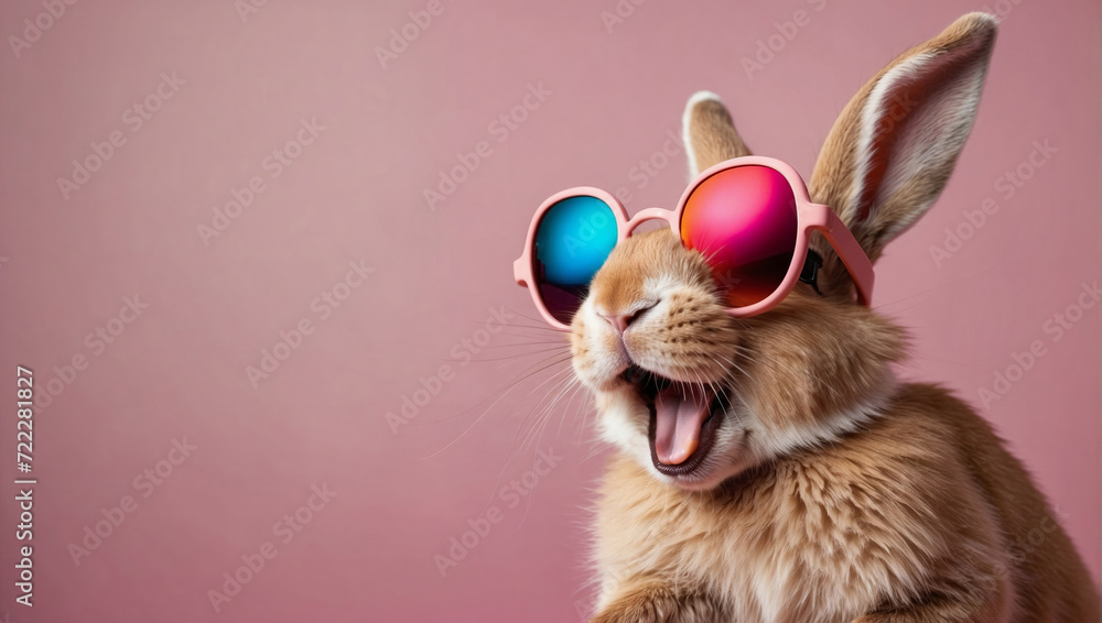 Abstract clip-art of rabbit wearing trendy sunglasses. Cool bunny with sunglasses on colorful  pink background. Contemporary colorful background with copy space. For posters, planners, illustration.   - obrazy, fototapety, plakaty 