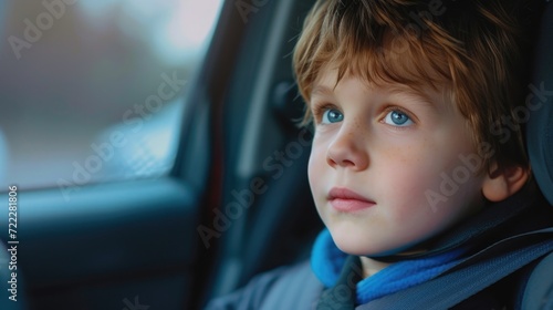 Young boy wearing seatbelt looking out car window