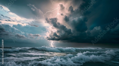 Thunderstorm and lightning through the clouds above the night sea. 