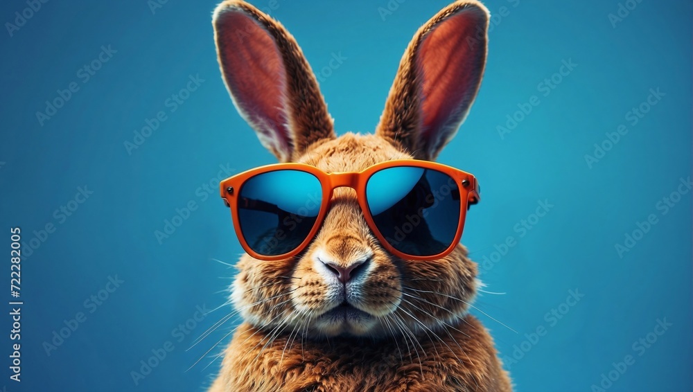 Abstract clip-art of rabbit wearing trendy sunglasses. Cool bunny with sunglasses on colorful blue background. Contemporary blue background with copy space. For posters, planners, illustration.  
