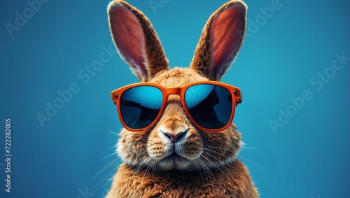 Abstract clip-art of rabbit wearing trendy sunglasses. Cool bunny with sunglasses on colorful blue background. Contemporary blue background with copy space. For posters, planners, illustration. 