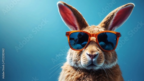Abstract clip-art of rabbit wearing trendy sunglasses. Cool bunny with sunglasses on colorful blue background. Contemporary blue background with copy space. For posters, planners, illustration