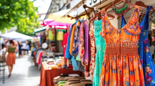 Colorful Market Stall with Summer Dresses; Vibrant Street Fair Clothing; Outdoor Shopping Experience photo