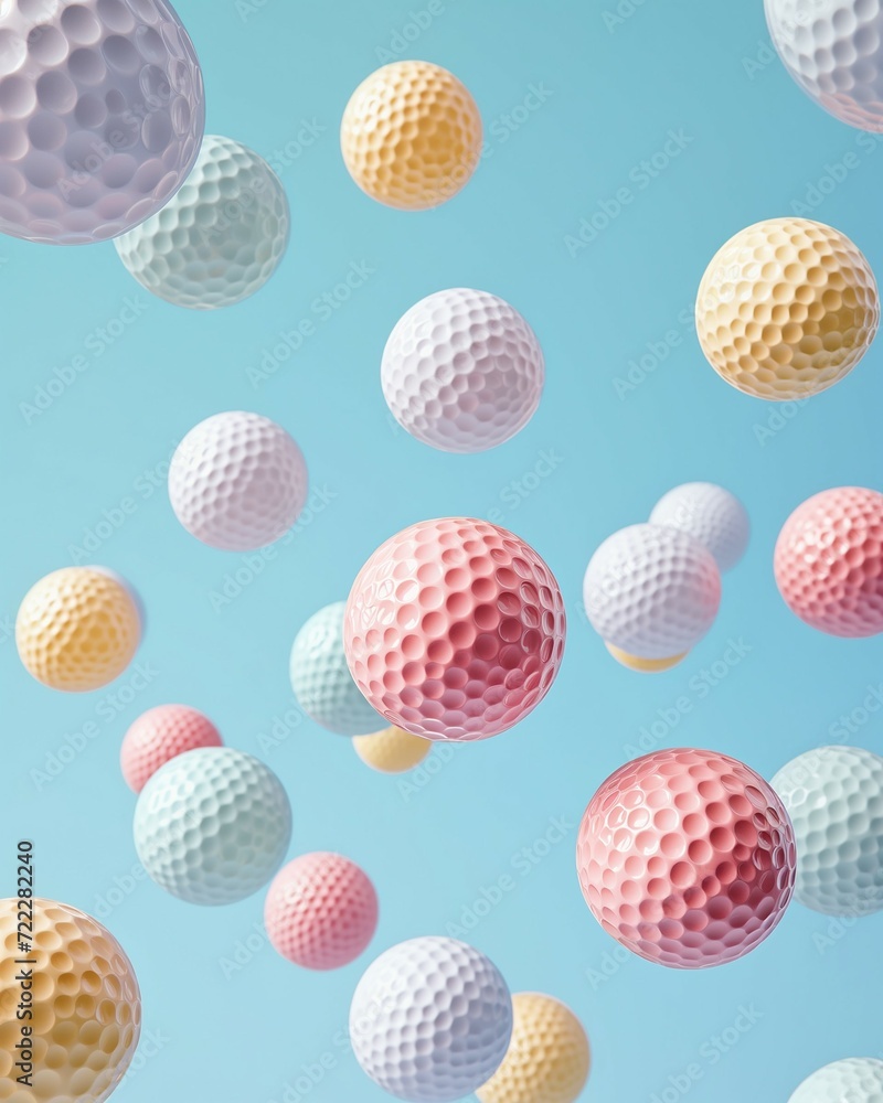 Many pastel golf balls falling on pastel blue background. Minimal creative sport concept. Many pastel golf balls falling on pastel blue background. Minimal creative sport concept.