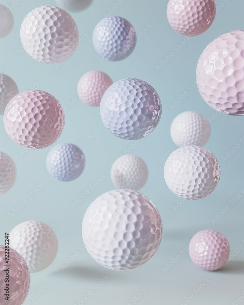 Many pastel golf balls falling on pastel blue background. Minimal creative sport concept. Many pastel golf balls falling on pastel blue background. Minimal creative sport concept.