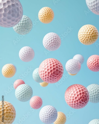 Many pastel golf balls falling on pastel blue background. Minimal creative sport concept.