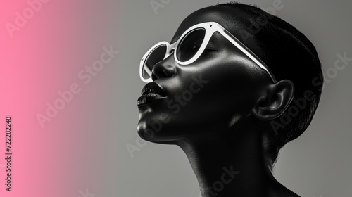 Beautiful woman with white sunglasses against gray background, looking into the pink neon light.