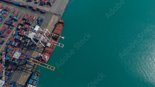Global logistics business Aerial top view over an international cargo ship at the industrial import and export port preparing to load containers with a large container ship.	
