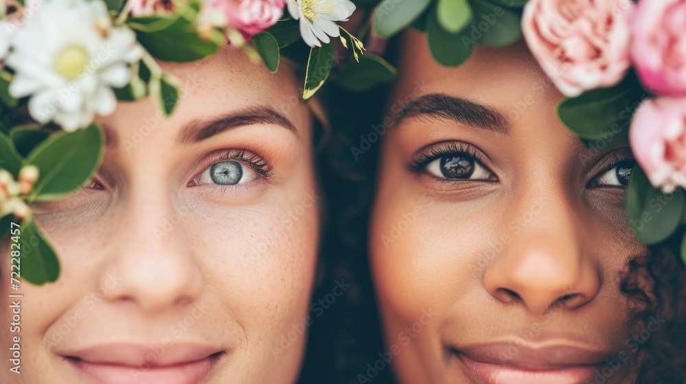 A close-up of two women's faces partially framed by floral head wreaths, symbolizing unity with nature. A close-up of two women's faces partially framed by floral head wreaths, symbolizing unity with nature.