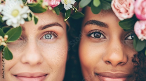 A close-up of two women's faces partially framed by floral head wreaths, symbolizing unity with nature.