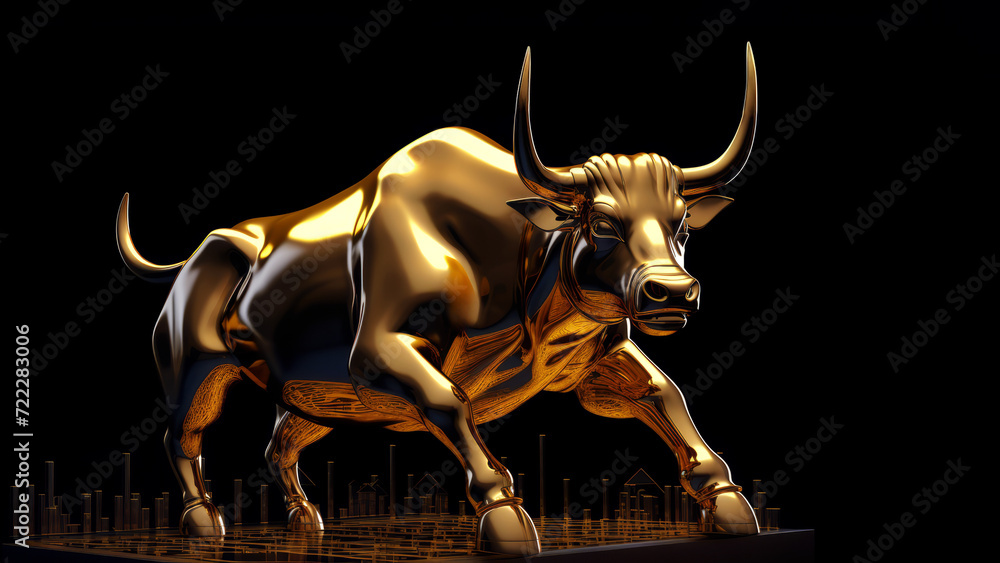 Obraz premium Golden bull sculpture like symbol representing financial market trends, crypto currency market