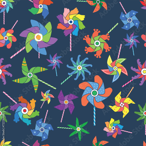 Windmill toys cartoon seamless pattern with colored round windmill