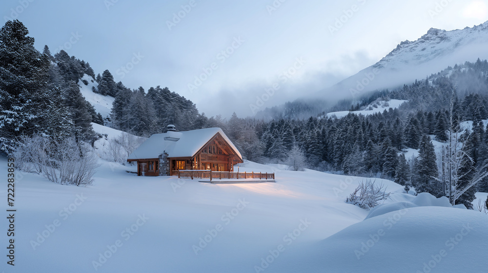 View of a chalet photographed on a distant pure white mountain View of a chalet photographed on a distant pure white mountain