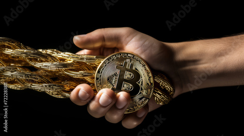 Hand handshakes a Golden Chain of bitcoin. investitions in cryptocurrency photo