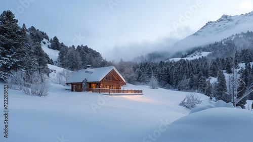 View of a chalet photographed on a distant pure white mountain