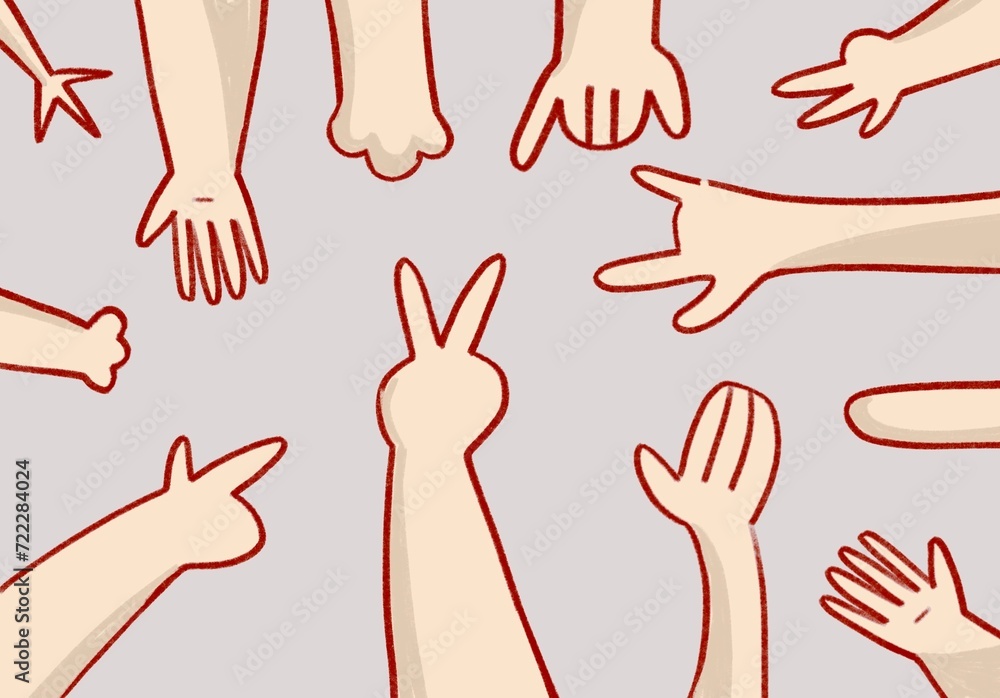 Cartoon hands abstract drawn comic. Set of Hand different signs and symbols with fingers. Doodle drawing style. Colored happy background Cartoon hands abstract drawn comic. Set of Hand different signs and symbols with fingers. Doodle drawing style. Colored happy background