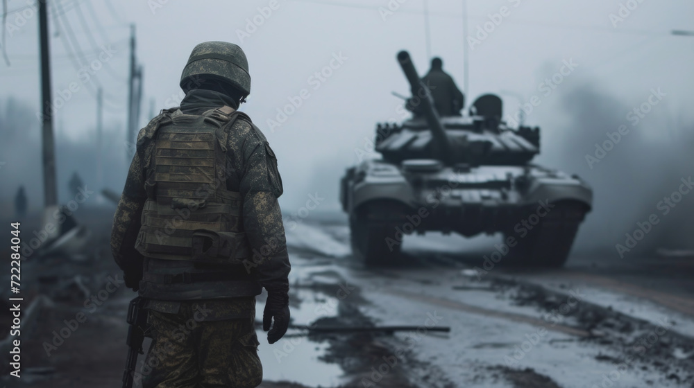 Historic Battle Scene with Tank Cannon and Soldiers, Vintage War Photo, Generative AI