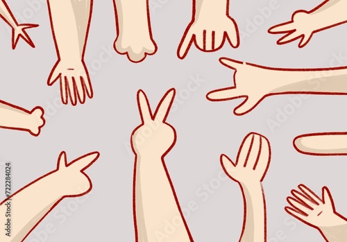 Wallpaper Mural Cartoon hands abstract drawn comic. Set of Hand different signs and symbols with fingers. Doodle drawing style. Colored happy background Torontodigital.ca