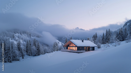 View of a chalet photographed on a distant pure white mountain © Creative-Touch