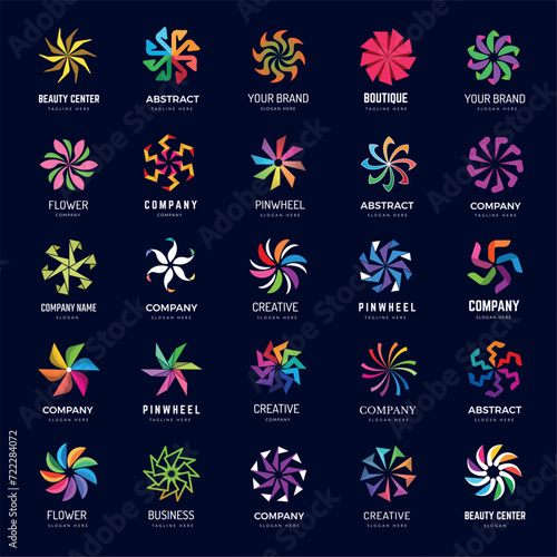 Pinwheel. Round colored spinners and windmill recent vector stylized pinwheels logos