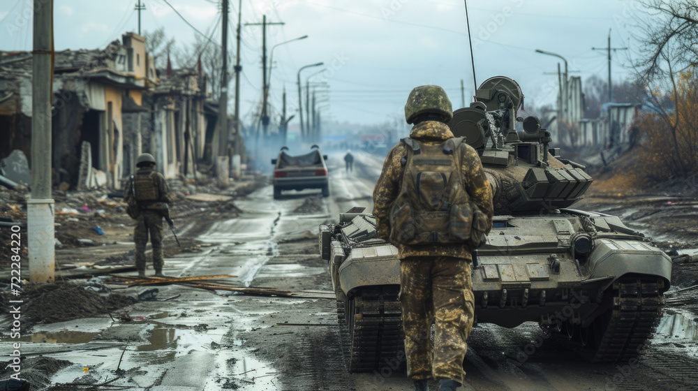 Soldiers in War with Army Tank, Generative AI